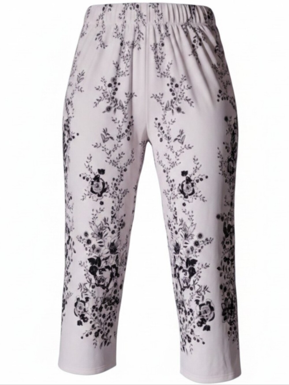 Black White Floral Toile Pajama Pants Cropped Lounge Capris Stretch Boho‎ | XL